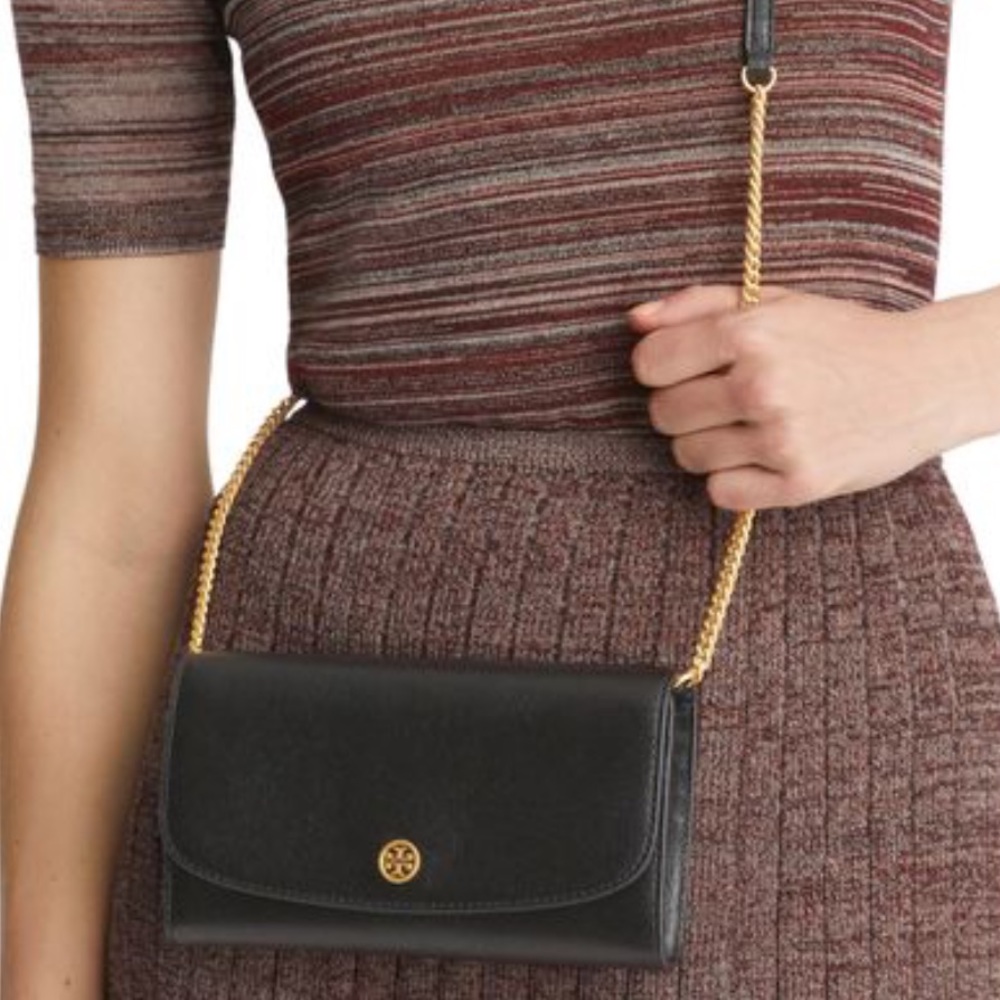 TORY BURCH BLACK SAFFIANO LEATHER Camera Strap Crossbody Wallet Bag